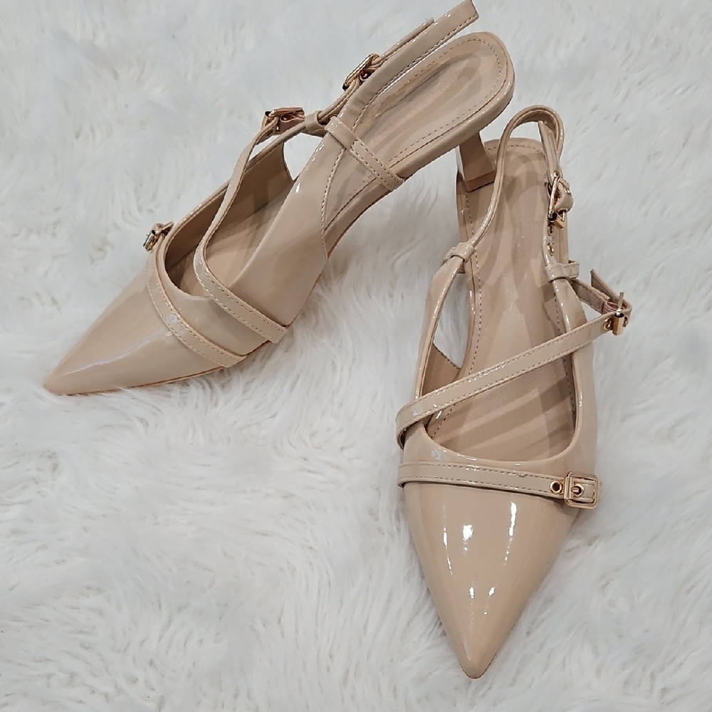 Coutgo Chic Nude Patent Slingback Low Heels